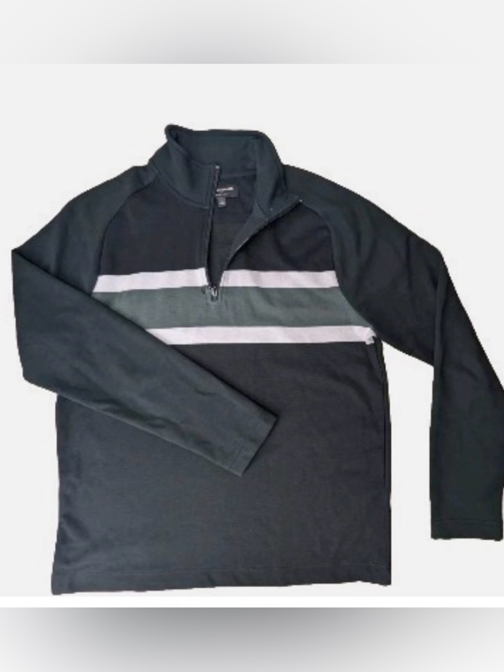 Banana Republic Men's Dark Gray Quarter-Zip Sweater with White and Gray Stripes